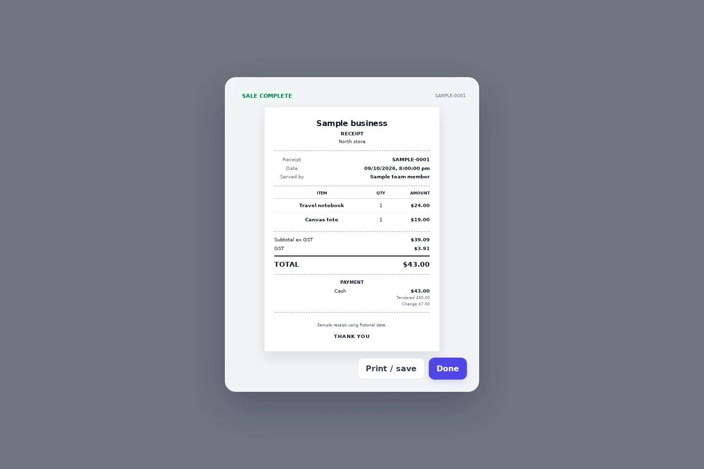 Actual NOX POS interface: Merchant-branded receipt interface for a fictional sample business and sale.