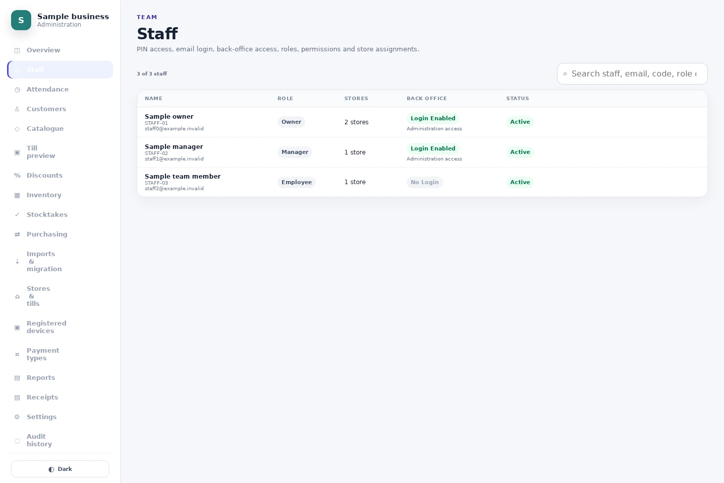 Actual NOX POS interface: Staff roles and location access for fictional team members.