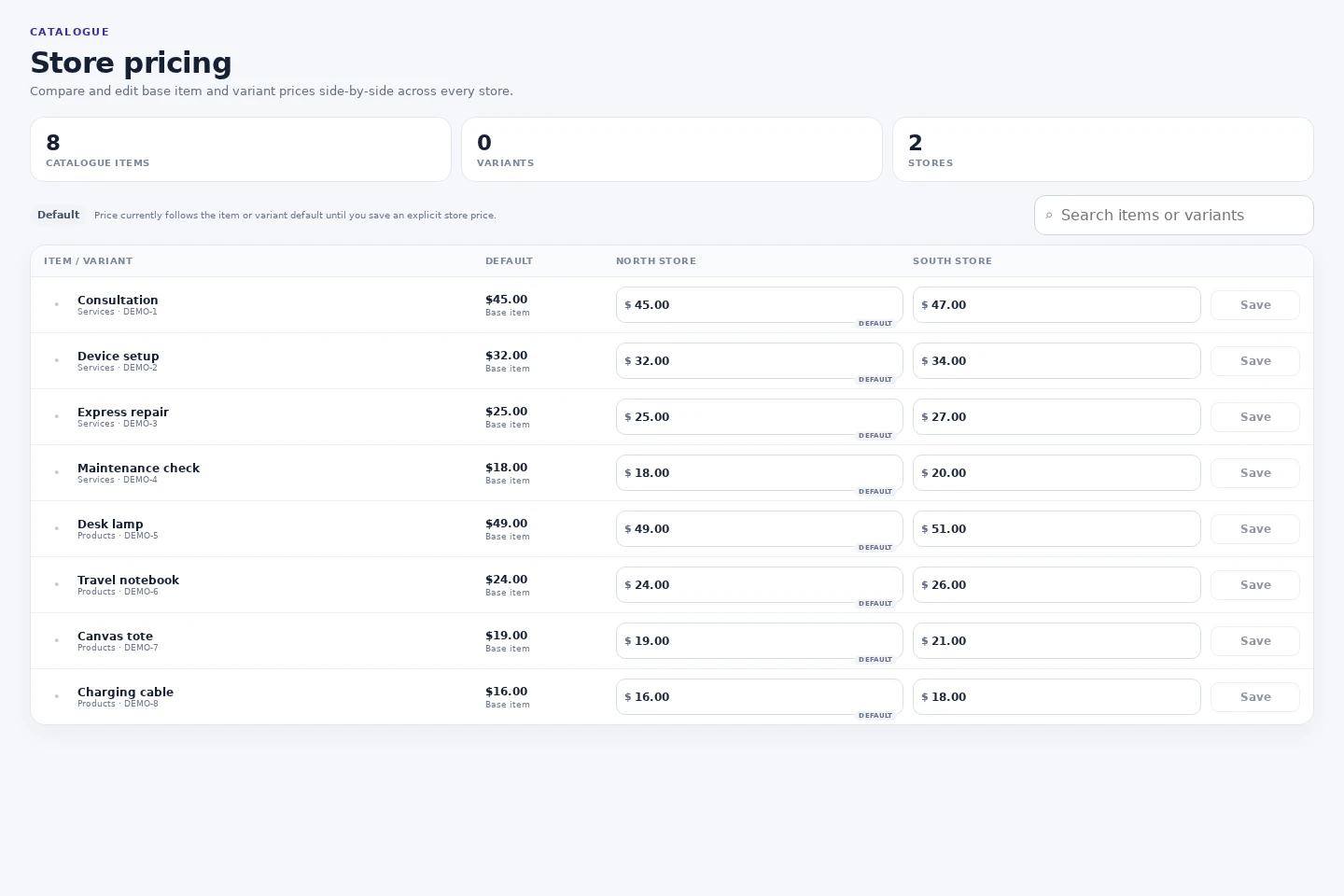 Actual NOX POS interface: Product prices and store overrides in a fictional two-store business.